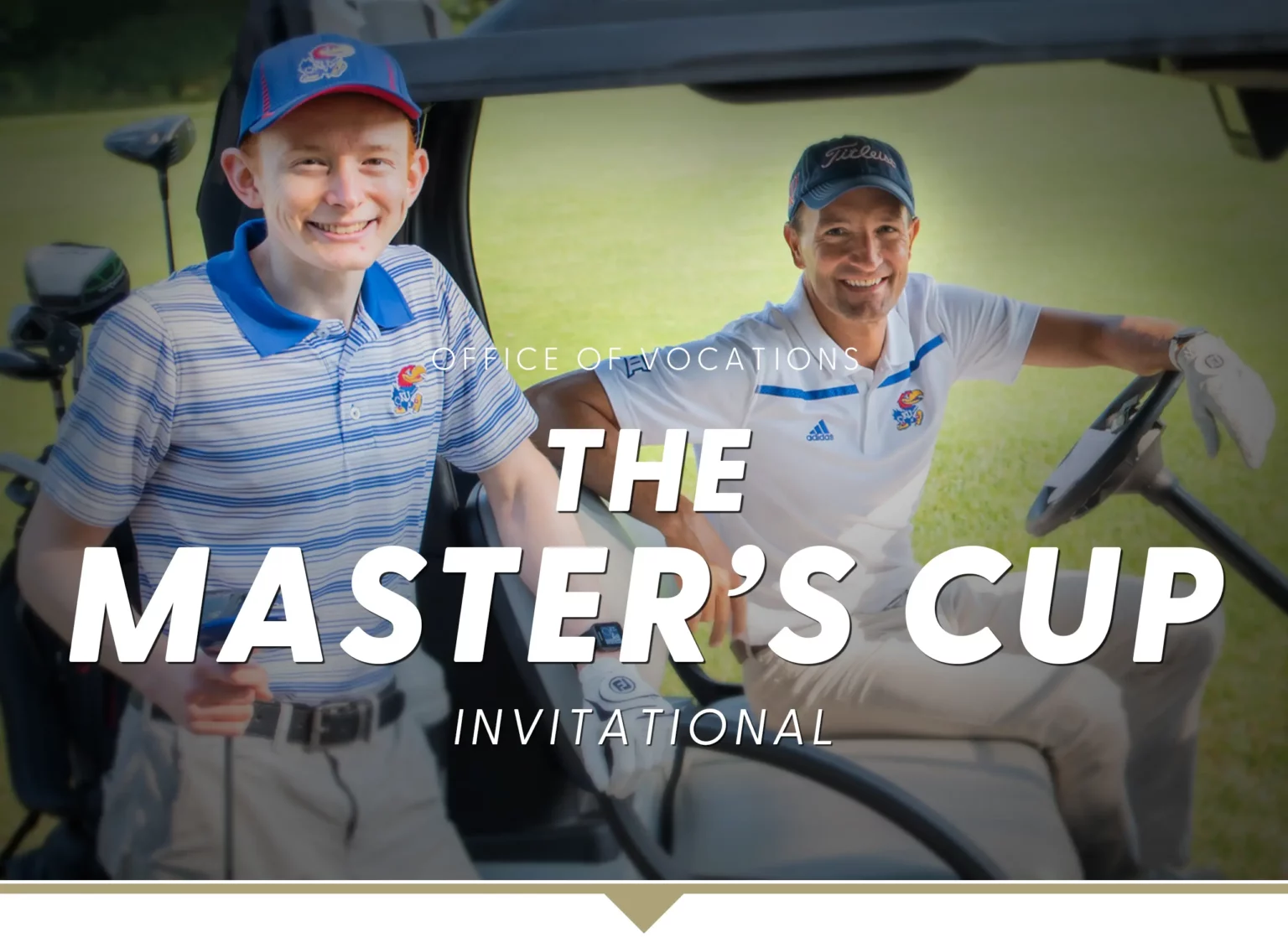The Office of Vocations The Masters Cup Invitational Golf Tournament. Two men in golf attire sitting in a golf cart on the golf course smiling at the camera.