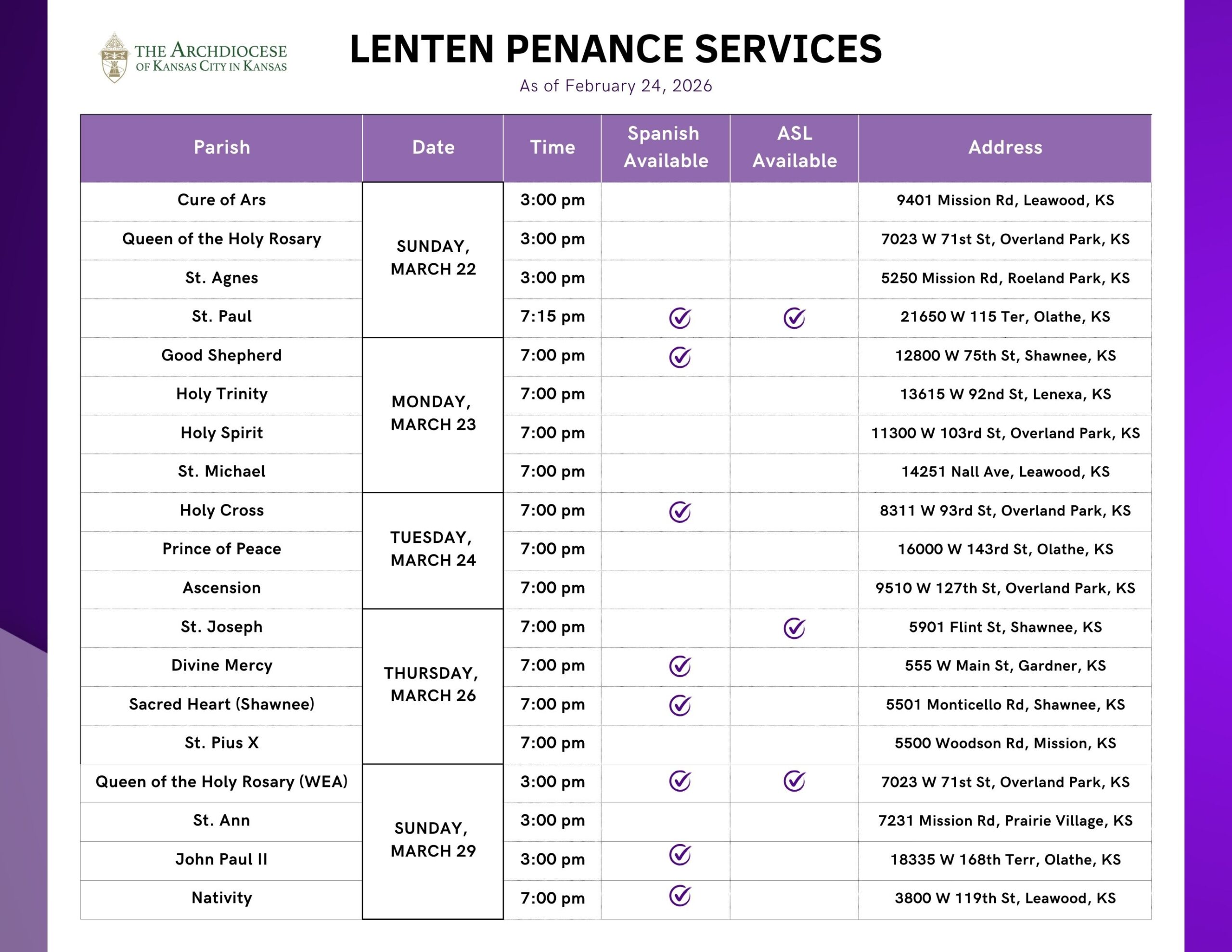 Lenten Penance Service Times and Locations