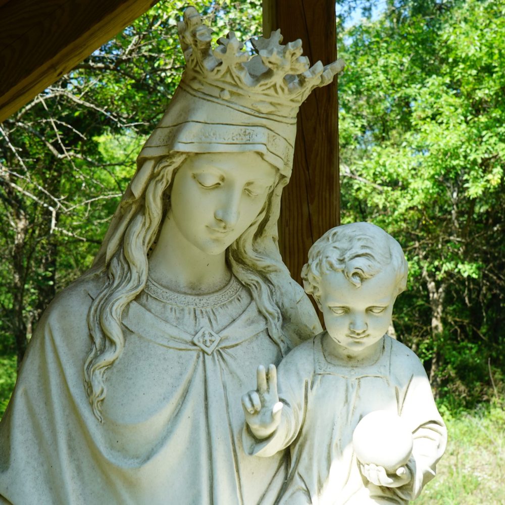 Mary and Jesus large statue, rosary walk entrance