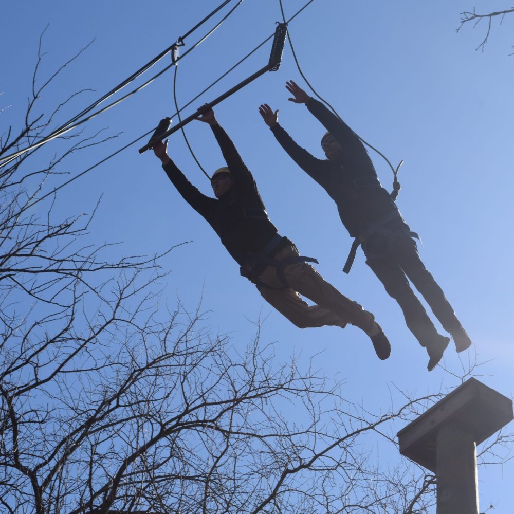 Power Pole, jumpers silhouetted, one catching bar, one reaching
